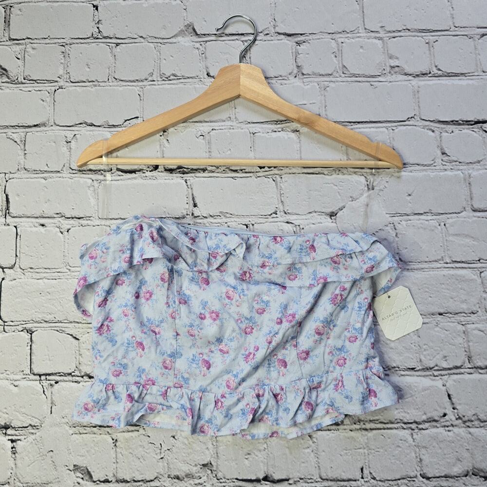 Altar'd State Cassis Light Blue Floral Print Frilly Ruffle Bandeau Crop Top NWT